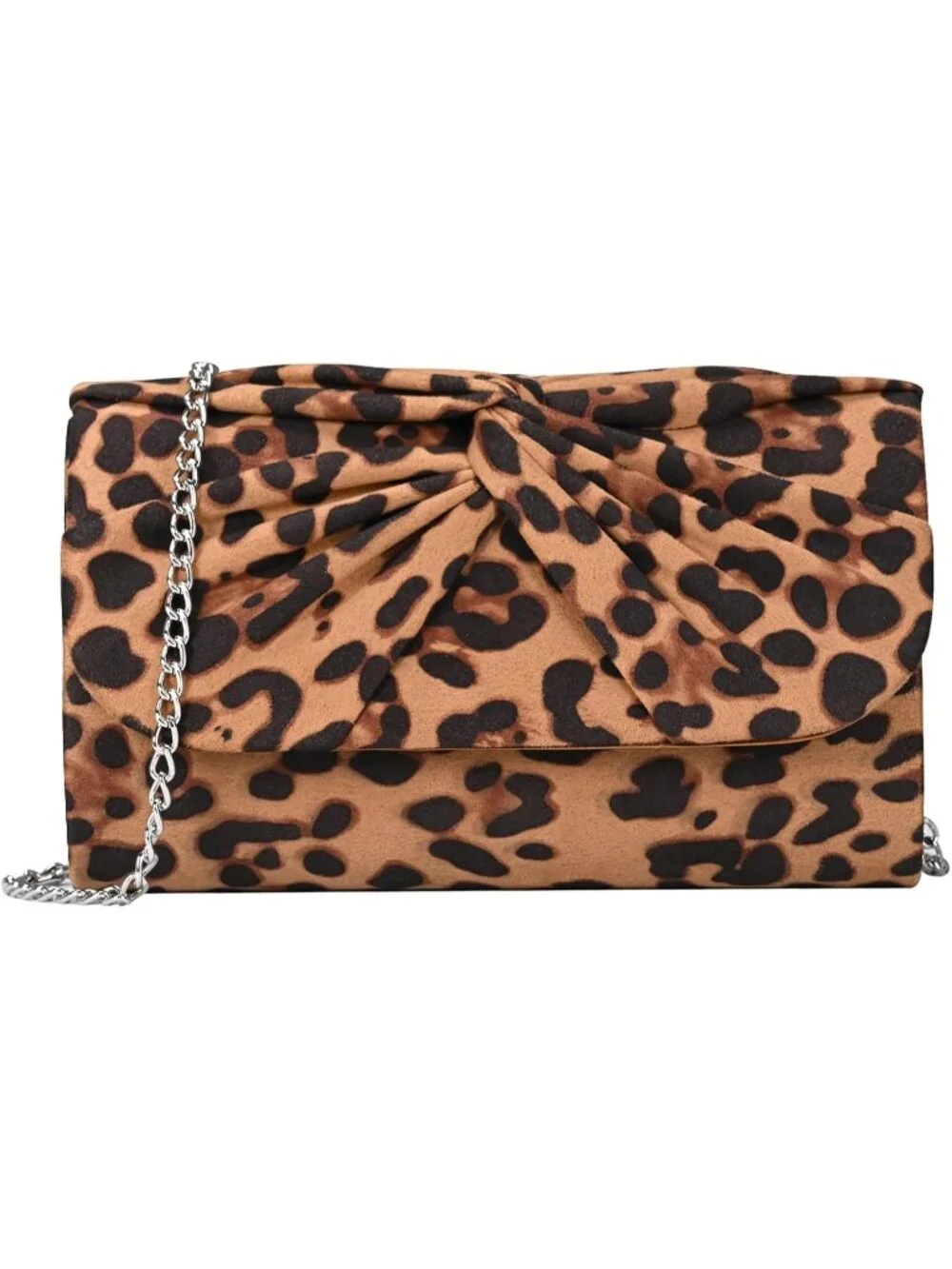 Women's Leopard Faux Suede Pleated Bow Clutch Purse For With Strap Evening Bag